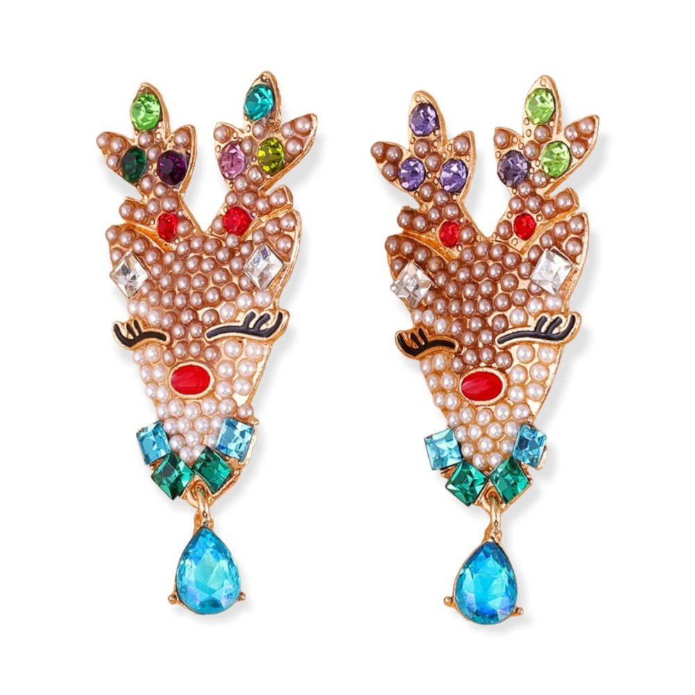 Christmas Reindeer Crystal & Pearl Drop Earrings